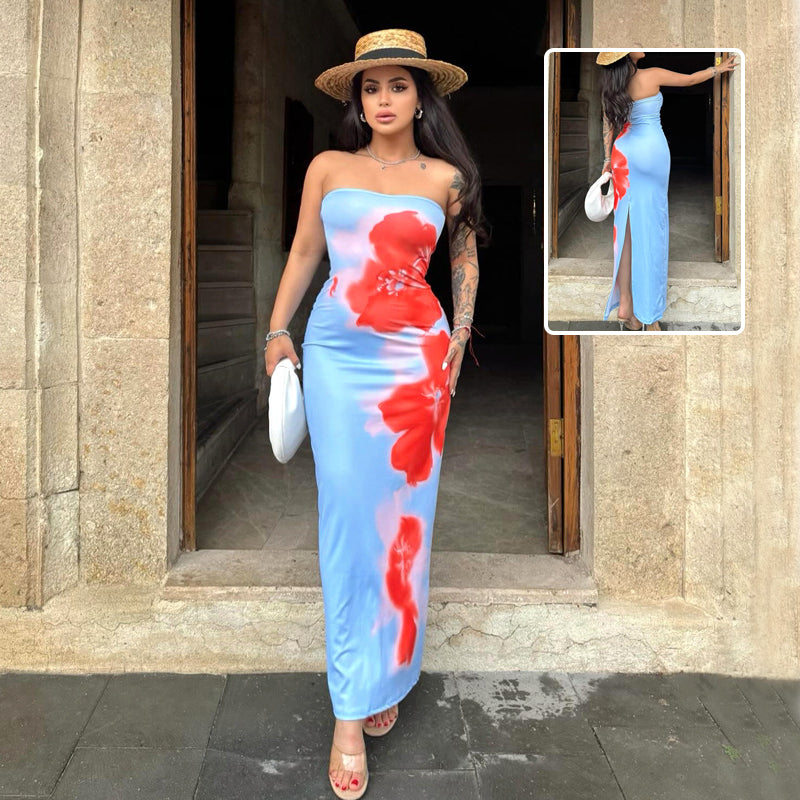 Slim Slit Tube Long Dress Summer Sexy Pint Party Beach Dresses Women'S Clothing