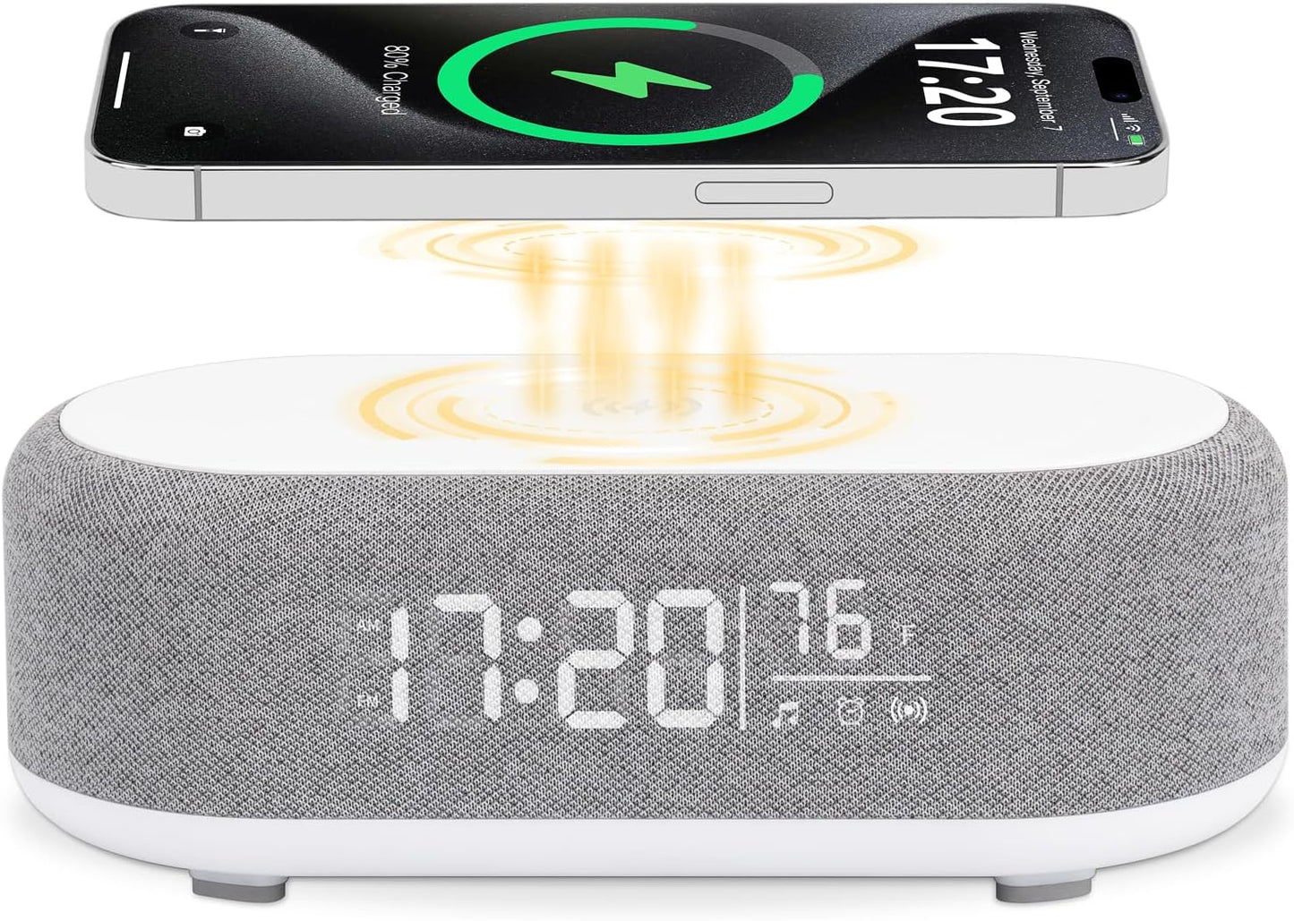 4In1 Alarm Clock with Wireless Charging Wireless Speaker Night Light & Temperature Display – Customized Sleep-Wake Routine Alarm Clock for Heavy Sleepers (Gray)