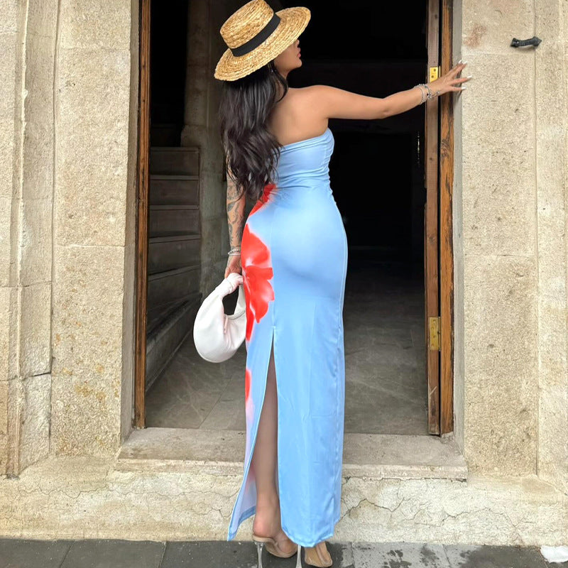 Slim Slit Tube Long Dress Summer Sexy Pint Party Beach Dresses Women'S Clothing